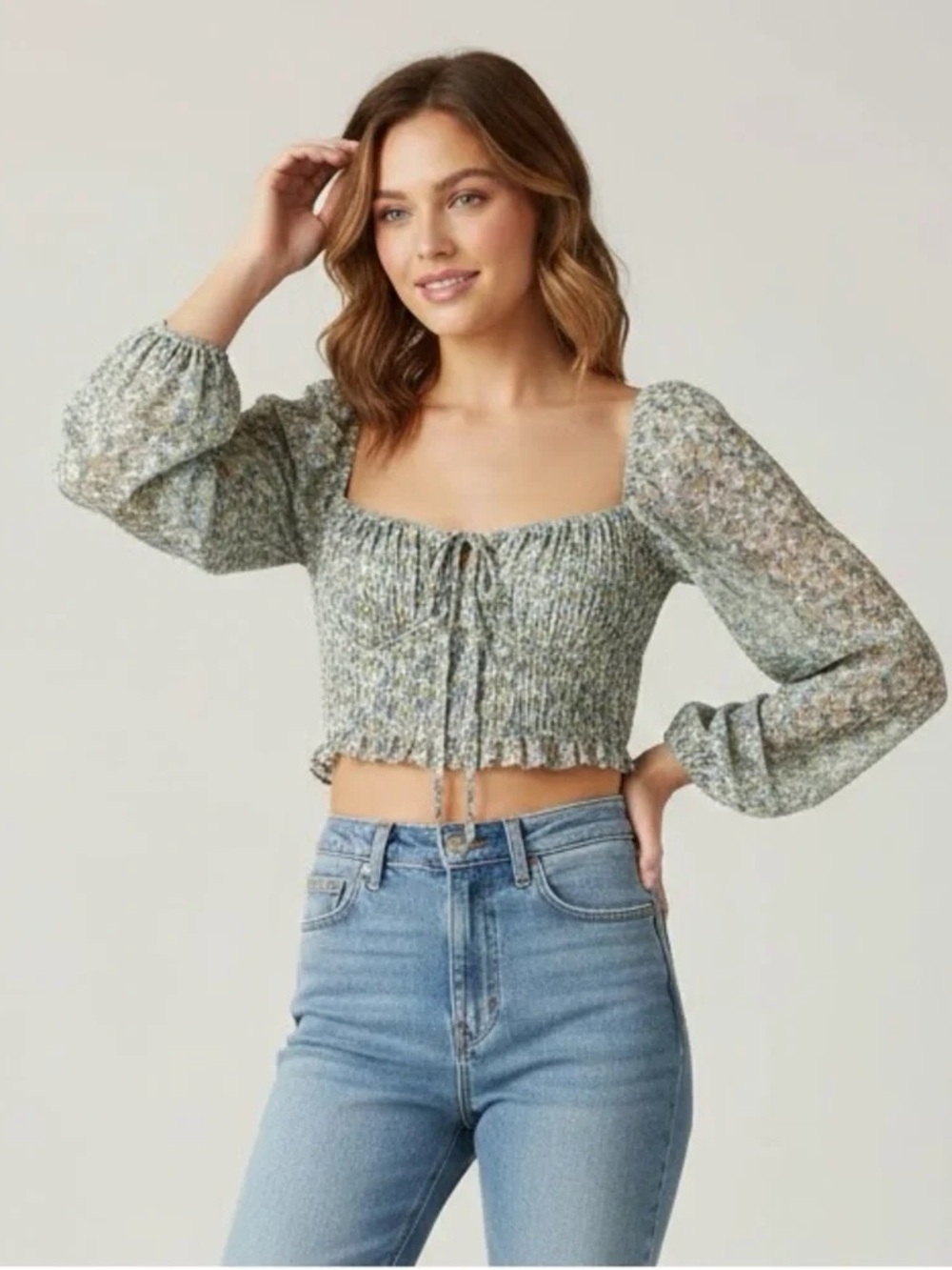 Storia Women’s Floral Smocked Crop Top in Green and Cream NWT Size Small